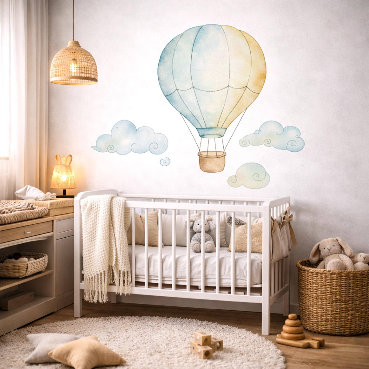 Blue Air Balloon Wall Decal | Watercolor Nursery Decor | Adventure Awaits Wall Art | Gender Neutral Baby Gift | Whimsical Cloud Sticker