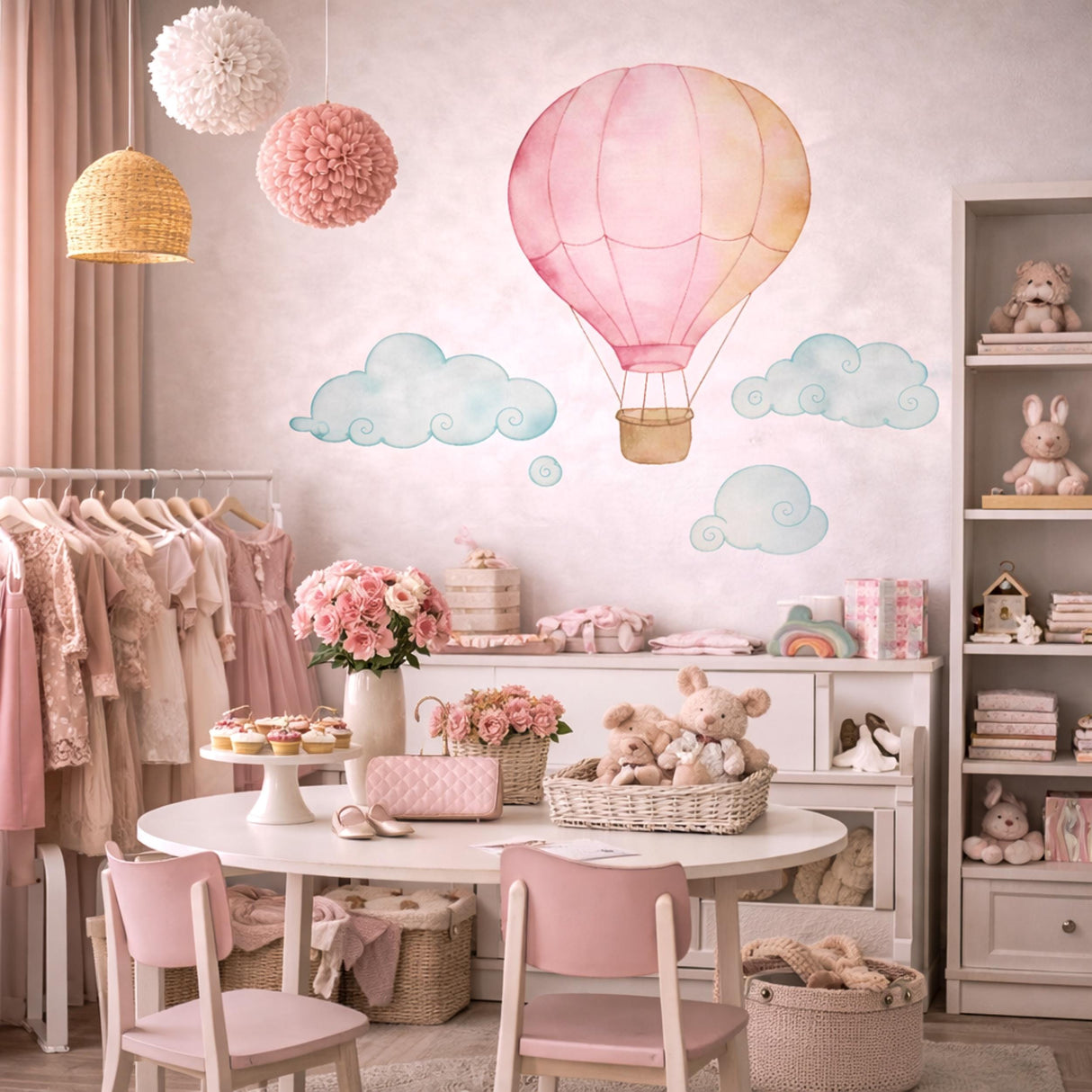 Pink Hot Air Balloon Wall Decal | Watercolor Nursery Decor for Girls | Baby Girl Room Art | Whimsical Cloud Sticker | Dream Big NurseryMural