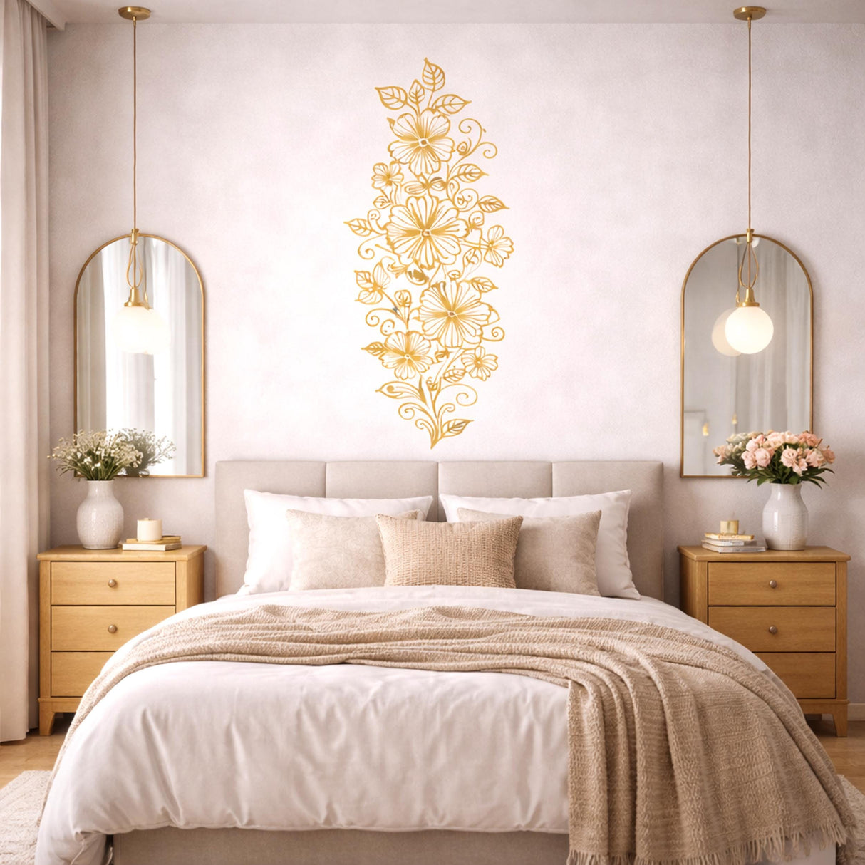 Vertical Gold Floral Wall Decal | Tall Flower Line Art | Elegant Botanical Door Decor | Minimalist Wall Sticker | Slim Floral Pillar Art