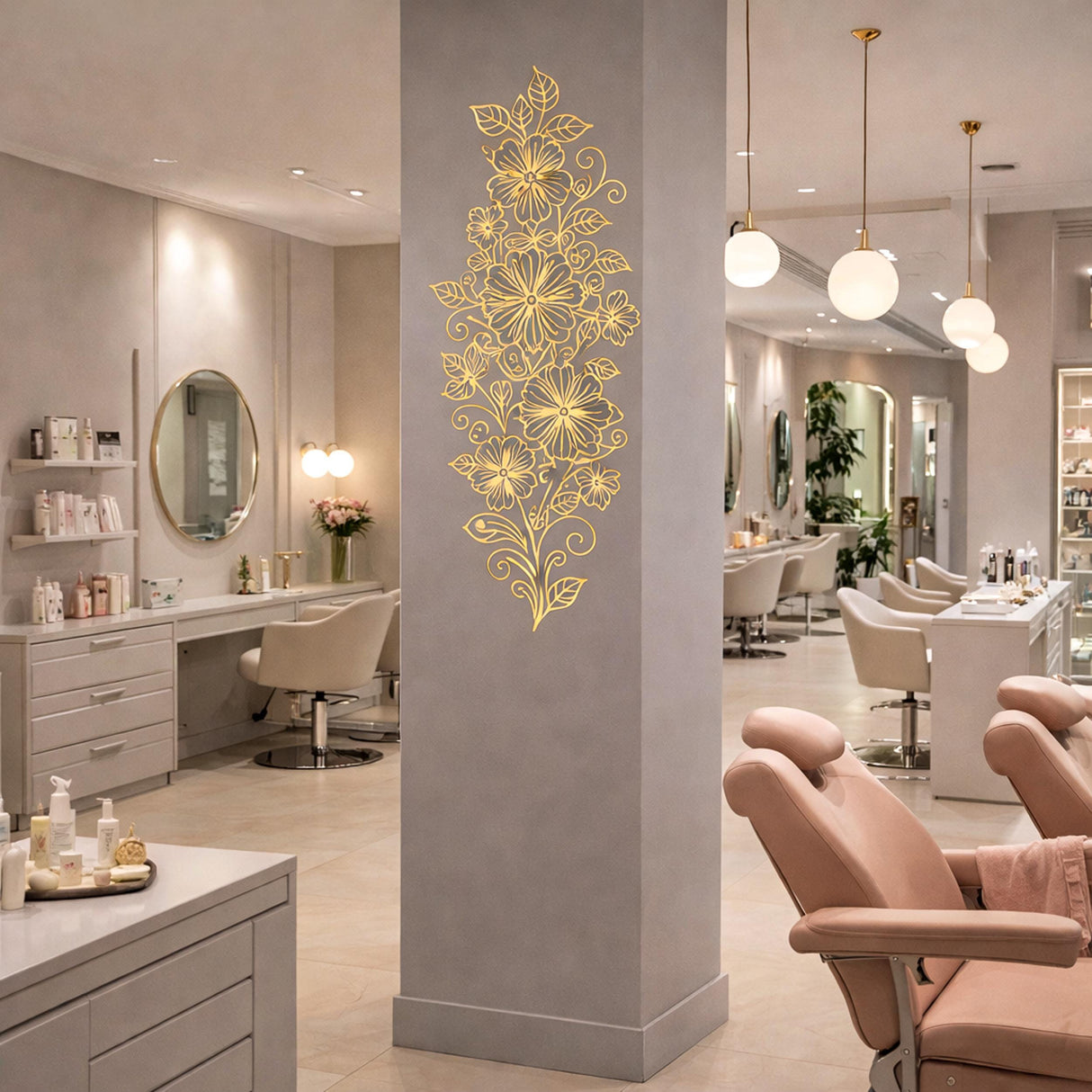 Vertical Gold Floral Wall Decal | Tall Flower Line Art