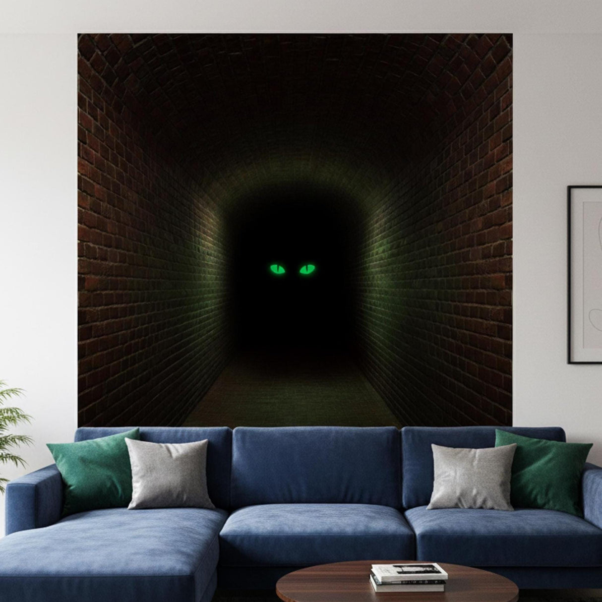 A vertical 3D wall decal showing a long, dark hallway with red brick walls and floor. At the far end of the dark, shadowy corridor, two glowing green eyes are visible, staring forward from the blackness.