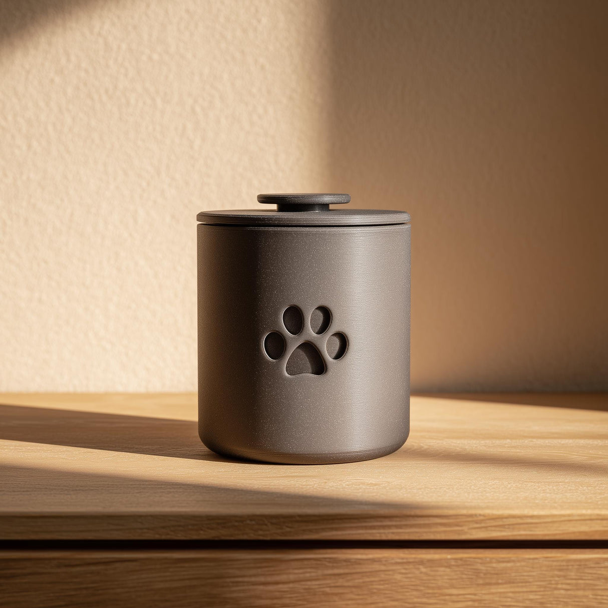 3D printed cylindrical pet cremation urn with a minimalist paw cutout, placed on a wooden surface as a modern memorial decor object.