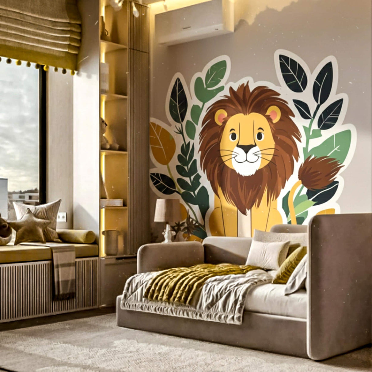 Friendly Lion Wall Decal | Safari Nursery Decor | Kids Room Animal Mural | Jungle Leaves Wall Art | African Safari Theme | Cute Lion Graphic