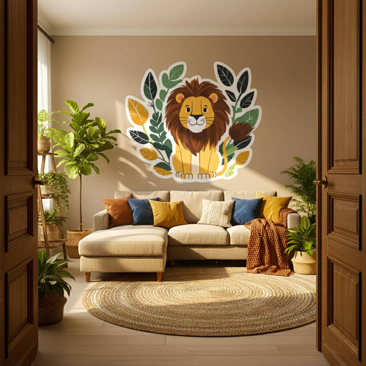 Friendly Lion Wall Decal | Safari Nursery Decor | Kids Room Animal Mural | Jungle Leaves Wall Art | African Safari Theme | Cute Lion Graphic