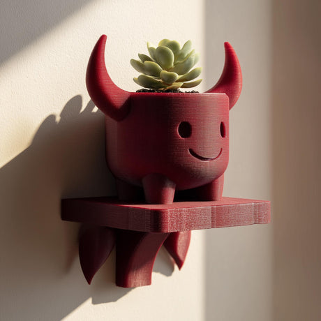 Wall-mounted 3D printed planter shelf featuring a cute red devil-shaped pot holding a small succulent, designed as playful fantasy wall decor.