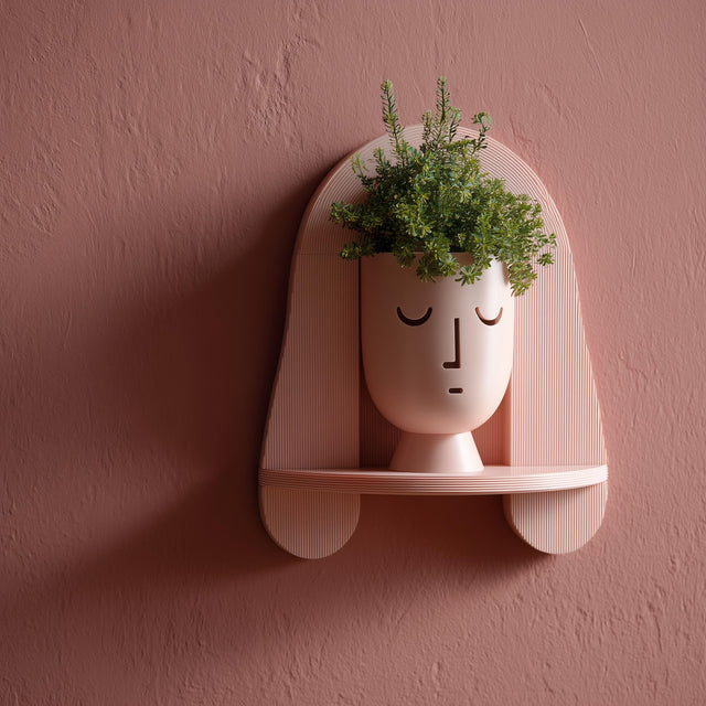 Wall-mounted 3D printed face-shaped planter shelf with a minimalist sculptural design, holding a small plant as decorative wall decor.