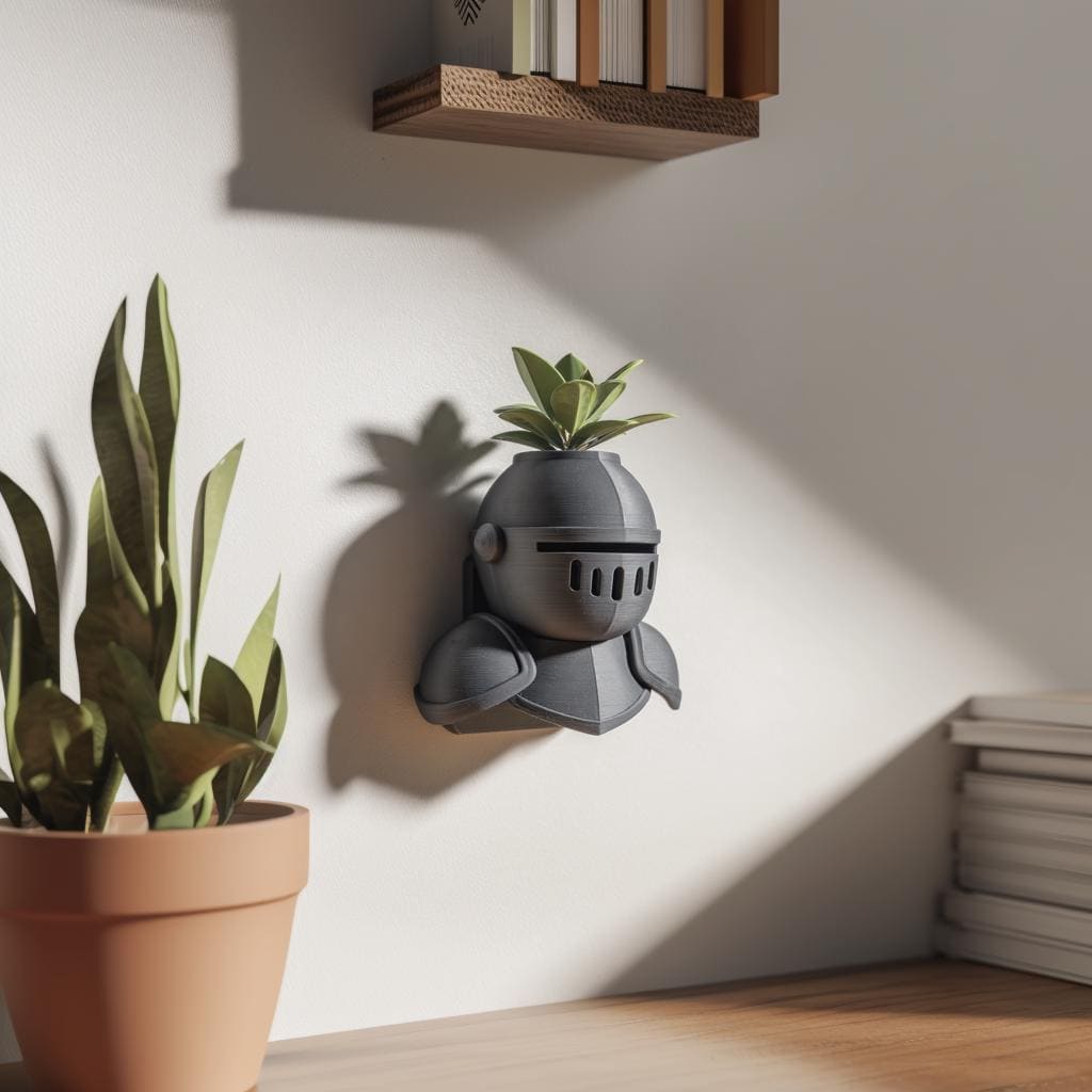 Wall Mounted Knight Planter Shelf | 3D Printed Medieval Armor Wall Decor with Pot | Sculptural Fantasy Shelf for Plants Modern Interiors