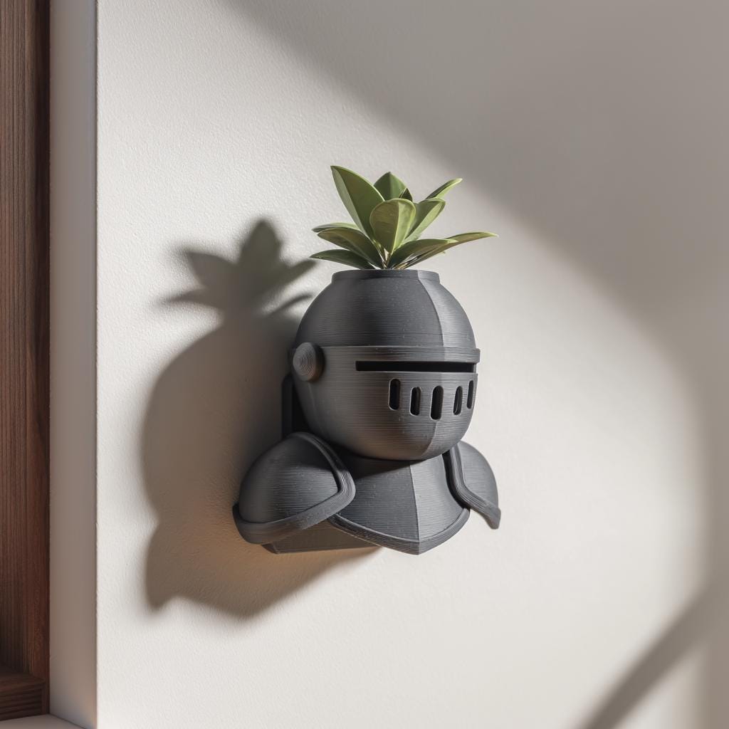 Wall Mounted Knight Planter Shelf | 3D Printed Medieval Armor Wall Decor with Pot | Sculptural Fantasy Shelf for Plants Modern Interiors