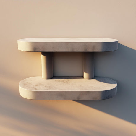 3D printed minimalist wall mounted double floating shelf with rounded edges and cylindrical supports, displayed on a neutral interior wall in soft natural light.