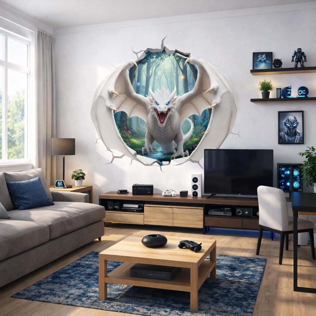 White Dragon Wall Decal | 3D Wall Mural | Fantasy Art Sticker | Kids Bedroom Decor | Mythical Creature Gift | Enchanted Forest Wallpaper