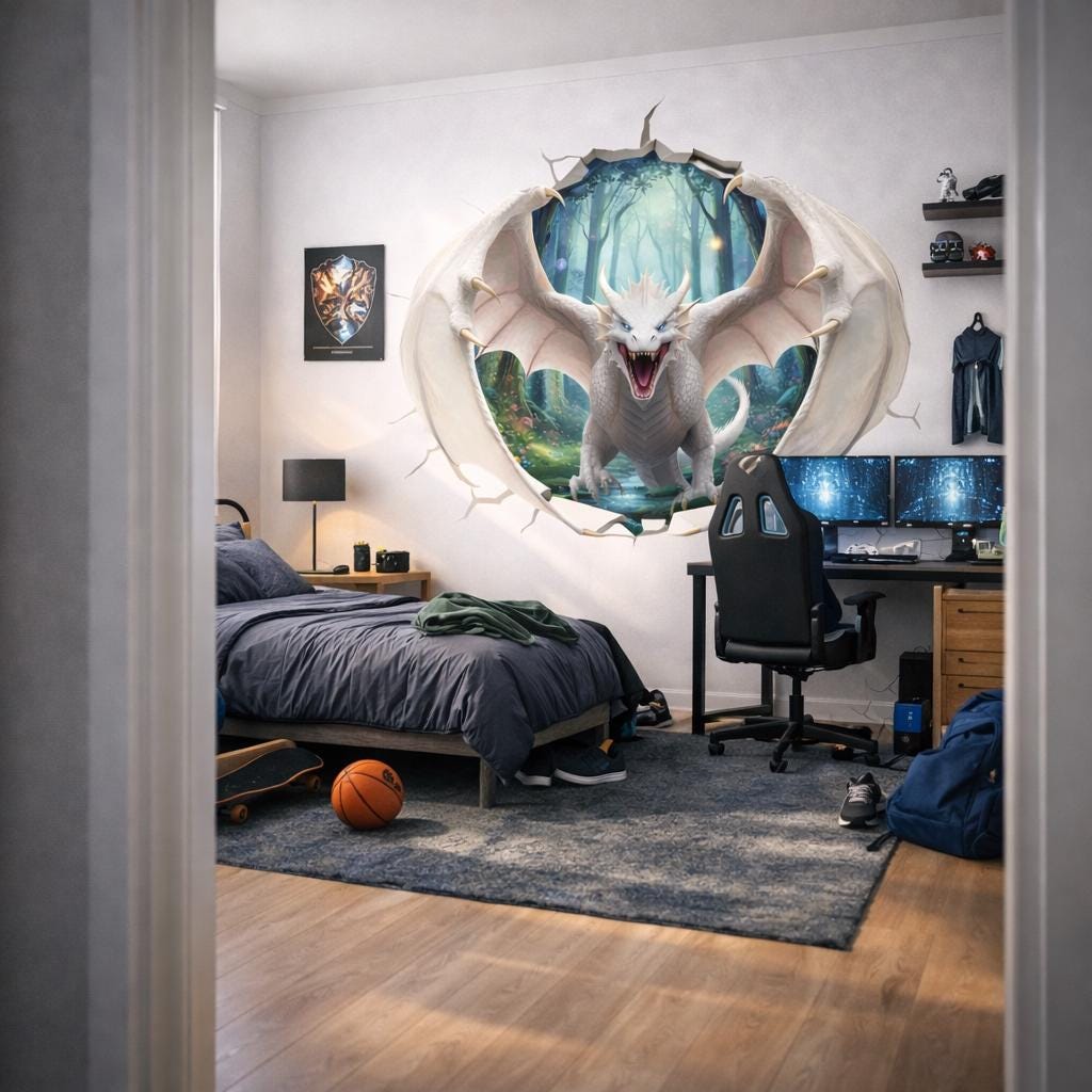 White Dragon Wall Decal | 3D Wall Mural | Fantasy Art Sticker | Kids Bedroom Decor | Mythical Creature Gift | Enchanted Forest Wallpaper