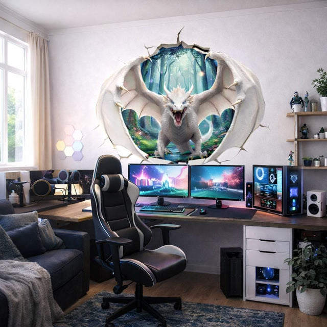 A dynamic 3D wall mural of a white dragon with its wings spread wide, appearing to burst through a cracked white wall. The dragon is stepping forward from a misty, green enchanted forest into the room, creating a powerful and realistic portal effect.