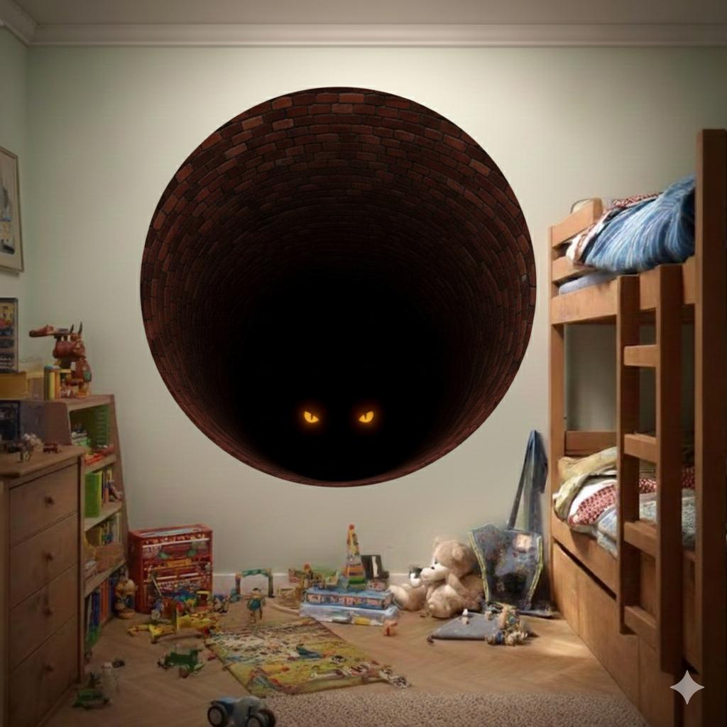 3D Mystery Tunnel Wall Decal | Spooky Eyes Wall Mural | Dark Brick Well Sticker | Halloween Decor | Scary Monster Wall Art
