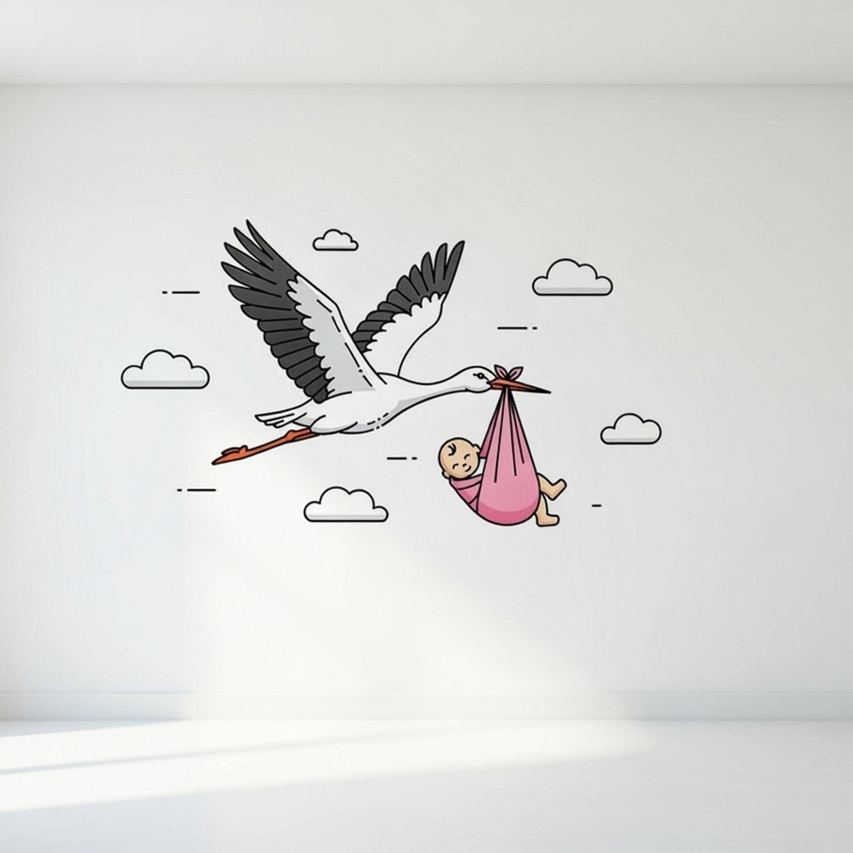 Stork Delivering Baby Girl | Nursery Wall Decal | New Baby Girl Gift | Baby Shower Decor | Flying Stork Art Print | Welcome Home Baby Girl