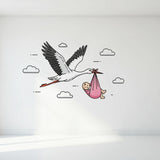 Stork Delivering Baby Girl | Nursery Wall Decal | New Baby Girl Gift | Baby Shower Decor | Flying Stork Art Print | Welcome Home Baby Girl