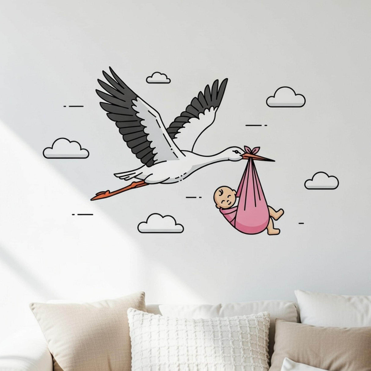 Stork Delivering Baby Girl | Nursery Wall Decal | New Baby Girl Gift | Baby Shower Decor | Flying Stork Art Print | Welcome Home Baby Girl