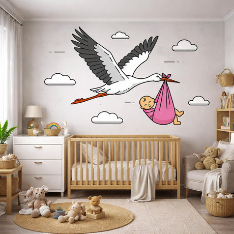 A flat-style illustration on a white background showing a large white stork with black-tipped wings flying through the air. The stork is carrying a small baby in a pink cloth bundle hanging from its beak. Small, simple white clouds and flight lines are scattered around the stork.