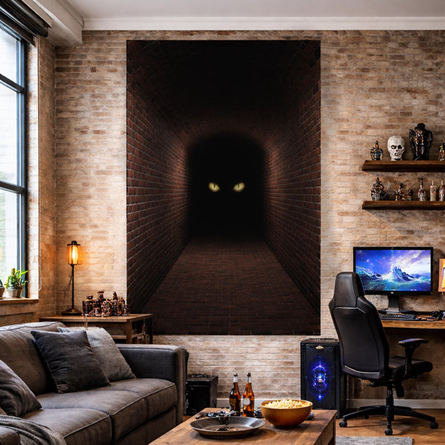 A vertical 3D wall decal showing a long, dark hallway with red brick walls, floor, and a curved ceiling. At the far end of the dark, shadowy corridor, two glowing yellow eyes are visible, staring forward from the blackness.