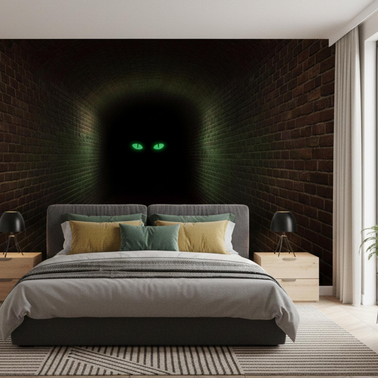 3D Mystery Tunnel Wall Decal | Dark Brick Hallway Mural | Spooky Green Eyes Sticker | Halloween Decor | Scary Monster Wall Art