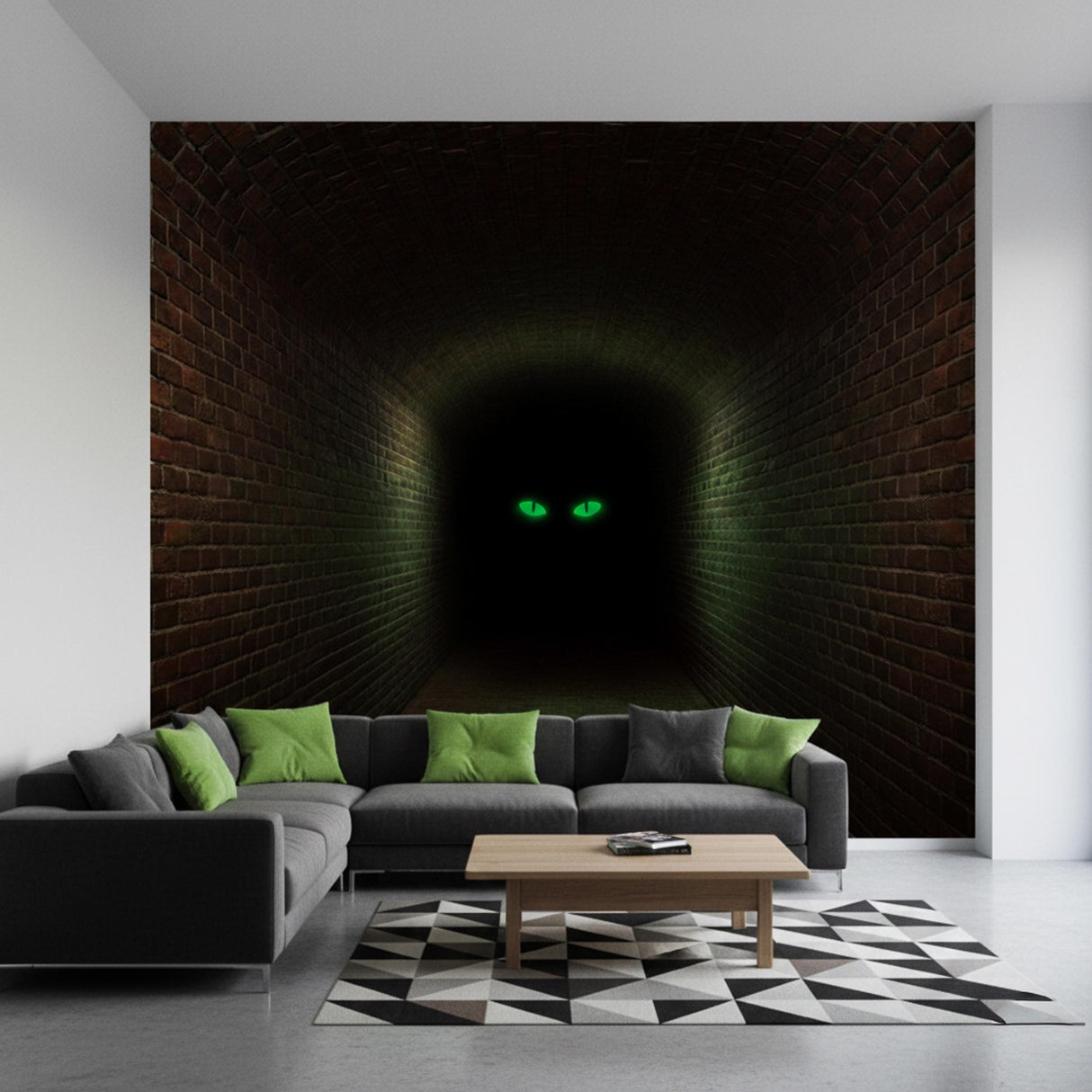 3D Mystery Tunnel Wall Decal | Dark Brick Hallway Mural | Spooky Green Eyes Sticker | Halloween Decor | Scary Monster Wall Art