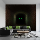 3D Mystery Tunnel Wall Decal | Dark Brick Hallway Mural | Spooky Green Eyes Sticker | Halloween Decor | Scary Monster Wall Art