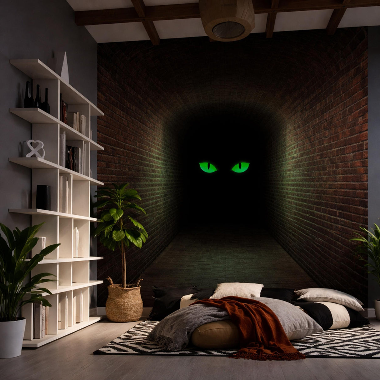 3D Mystery Tunnel Wall Decal | Dark Brick Hallway Mural | Spooky Green Eyes Sticker | Halloween Decor | Scary Monster Wall Art