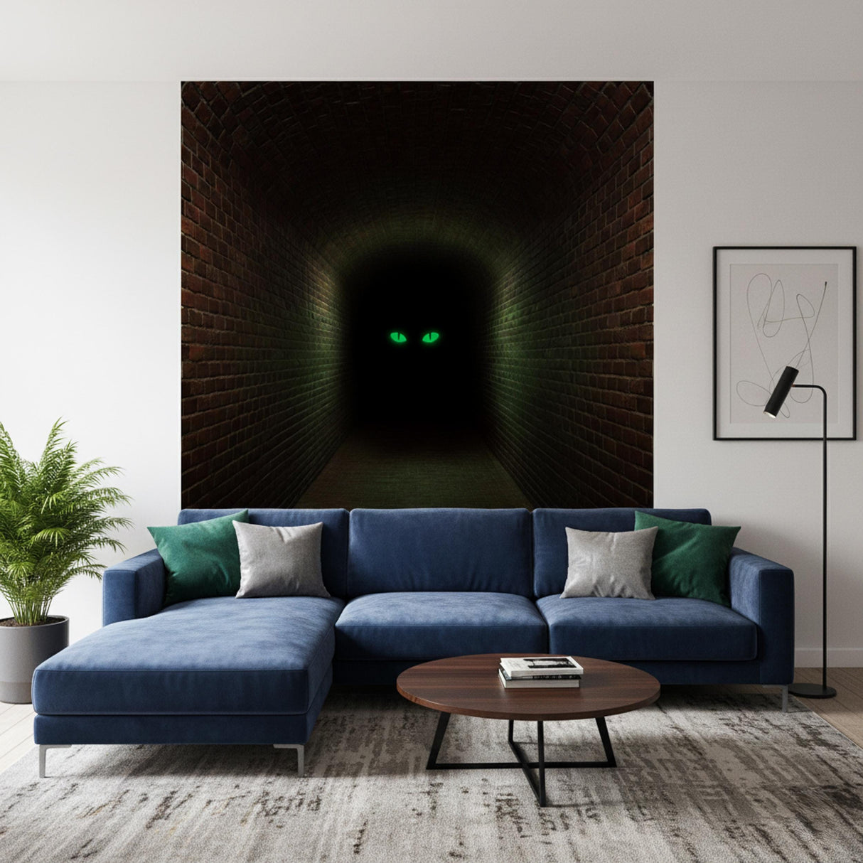 A vertical 3D wall decal showing a long, dark hallway with red brick walls and floor. At the far end of the dark, shadowy corridor, two glowing green eyes are visible, staring forward from the blackness.