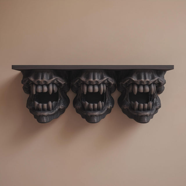 3D printed dark monster wall shelf with three snarling creature heads featuring open mouths and sharp teeth, supporting a flat floating ledge on a neutral wall.