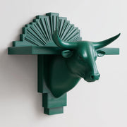 3D printed bull head wall shelf with long horns and an art deco fan-shaped backplate.