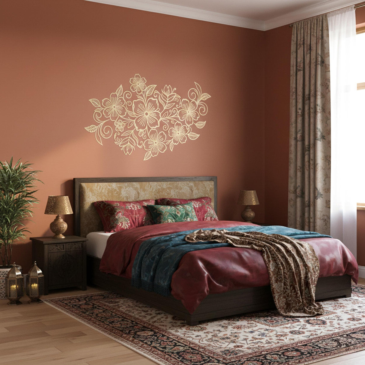 Golden Floral Wall Decal | Minimalist Flower Line Art | Elegant Boho Wall Sticker | Botanical Home Decor | Gold Flower Mural