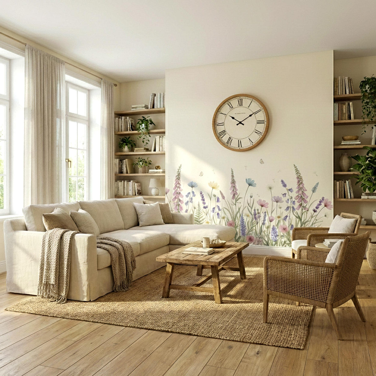 Wildflower Wall Decal | Watercolor Meadow Mural | Floral Nursery Decor | Cottagecore Wall Art | Lavender and Daisy Print