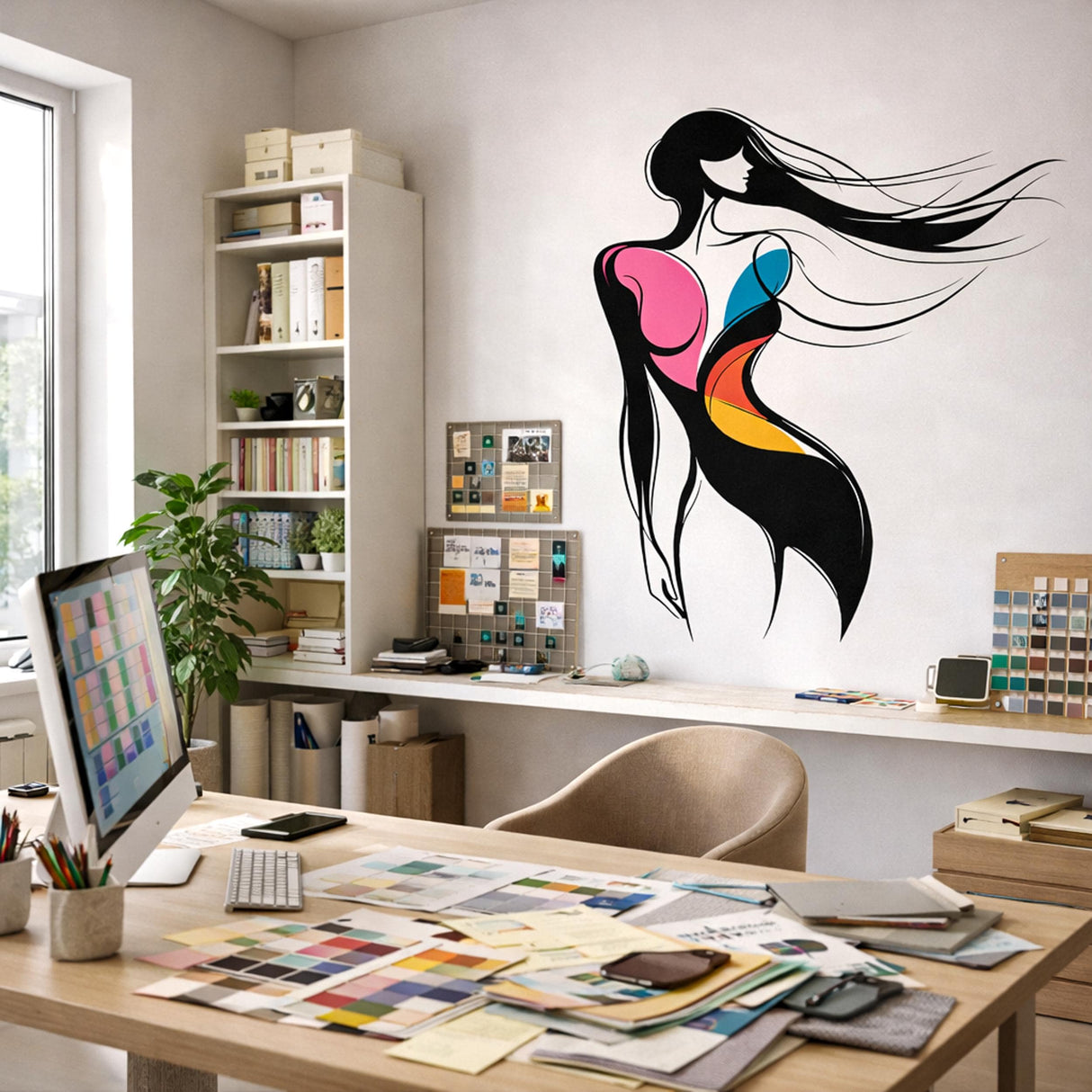 A minimalist abstract illustration of a woman in profile on a white background. She has long, flowing black hair blowing to the side and a silhouette defined by elegant black lines. Bold, overlapping blocks of pink, blue, and orange add color to her torso.