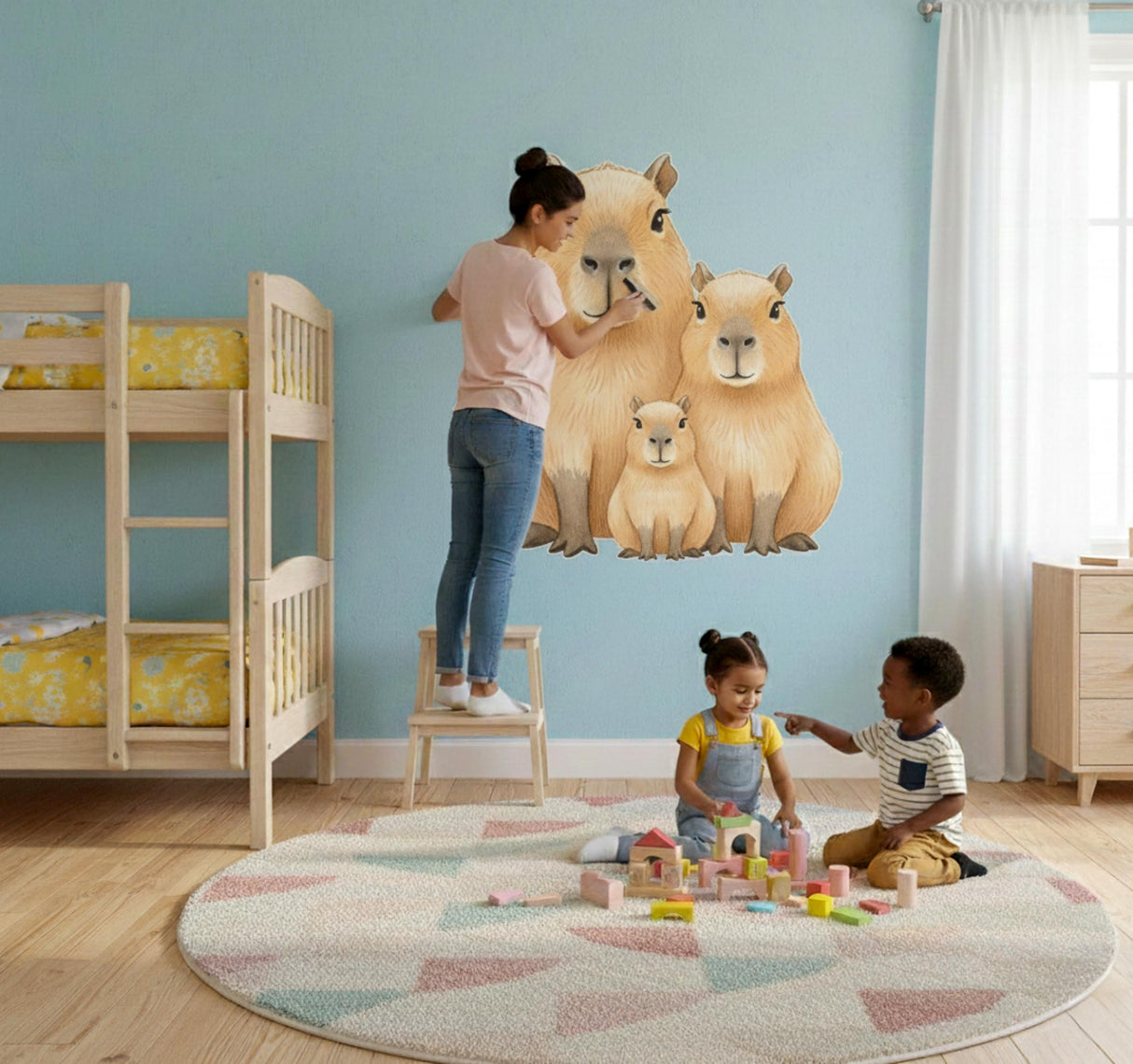 Capybara Family Wall Decal | Watercolor Nursery Decor | Cute Animal Art Print | Baby Shower Gift | Whimsical Capybara Mural | KidsRoom Decor