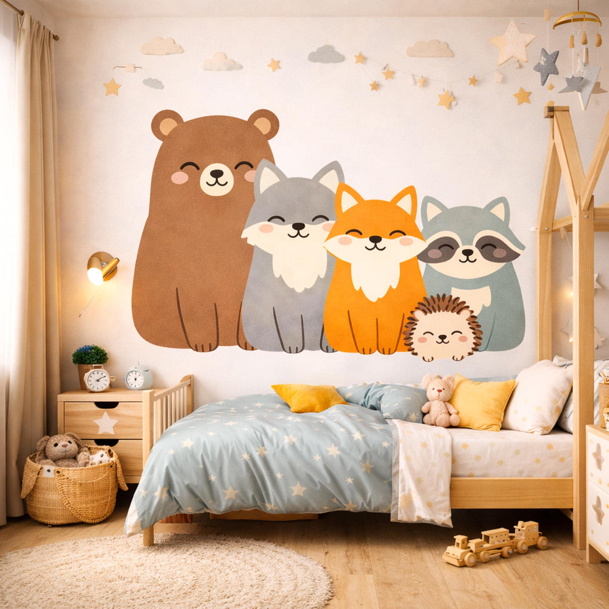Kawaii Woodland Animal Wall Decal | Cute Forest Friends Nursery Decor | Bear Fox Wolf Raccoon Hedgehog Art | Baby Shower Gift