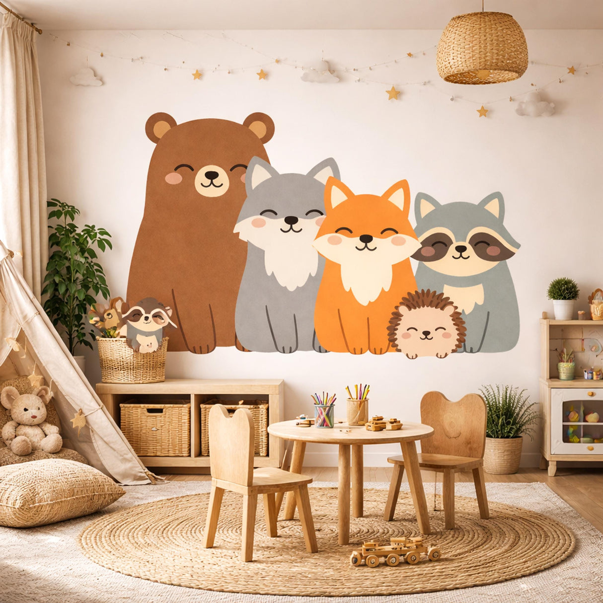 A flat-style "Kawaii" illustration of five smiling woodland animals sitting side-by-side on a white background. From left to right: a large brown bear, a grey wolf, an orange fox, a grey raccoon, and a small brown hedgehog in front. All animals have closed, happy eyes and rosy cheeks.