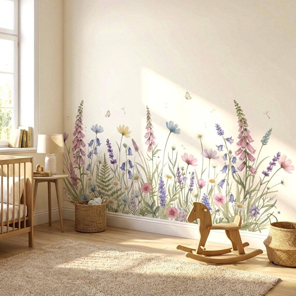 A wide, horizontal watercolor illustration of a wildflower meadow against a white background. The meadow includes tall pink foxgloves, purple lavender, blue bell-shaped flowers, and white daisies. Two small white butterflies and several floating dandelion seeds are scattered among the plants.