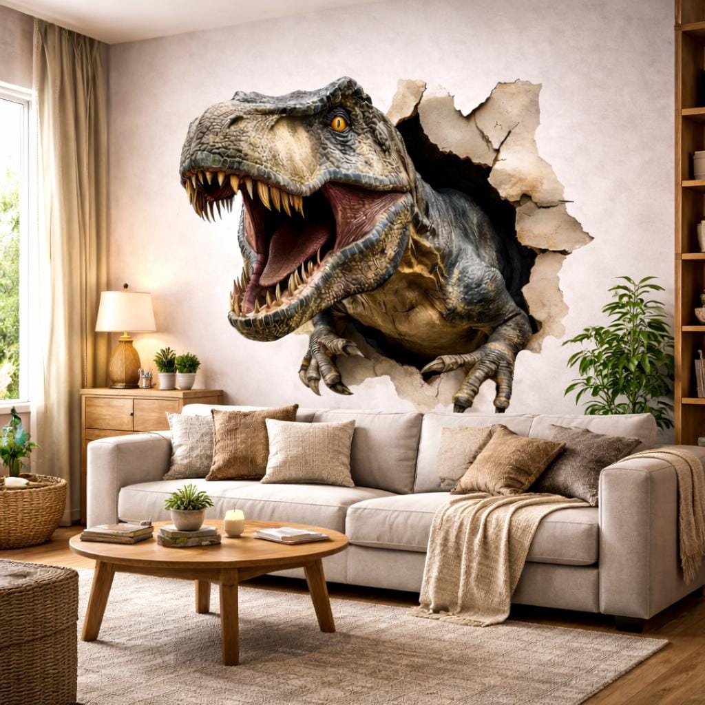 3D T-Rex Wall Decal | Dinosaur Breakthrough Mural | T-Rex Wall Smash Sticker | Jurassic Bedroom Decor | Realistic Dinosaur Art