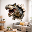 A realistic 3D-effect illustration of a T-Rex dinosaur bursting through a jagged hole in a white wall. The dinosaur has its mouth wide open, revealing sharp teeth and a large tongue. Its skin is textured in shades of brown and green, and it has one bright yellow eye visible.