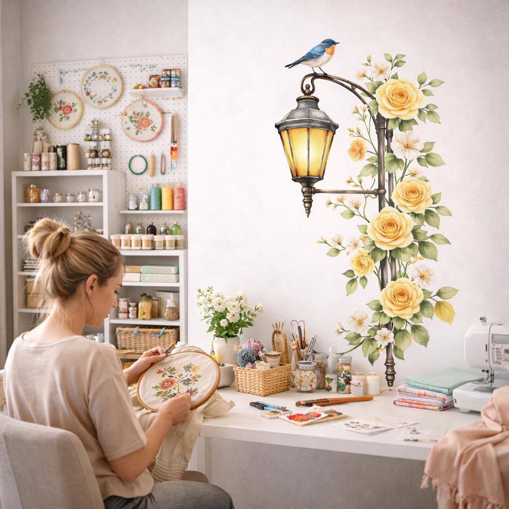 Floral Street Lamp Decal | Yellow Rose Wall Art | Watercolor Lantern Sticker | Vintage Garden Mural | Shabby Chic Flower Decor