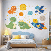 A collection of "Kawaii" style illustrations of dinosaurs in space on a white background.