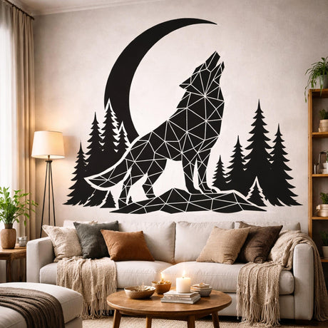A black-and-white silhouette illustration of a wolf howling at a large crescent moon. The wolf is made of many small geometric triangles (low-poly style) and stands on a rocky, geometric base. A dense forest of black pine trees frames the scene on either side against a white background.