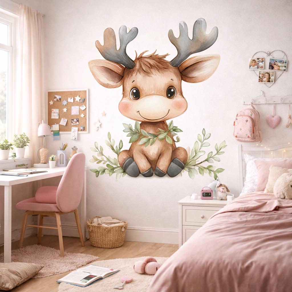 Baby Reindeer Wall Decal | Watercolor Woodland Nursery Decor | Cute Deer Sticker | Forest Animal Mural | Whimsical Reindeer Print