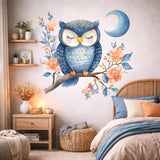 Sleeping Owl Wall Decal | Watercolor Nursery Art | Blue Owl Moon Sticker | Floral Branch Wall Mural | Baby Girl Boy Room Decor