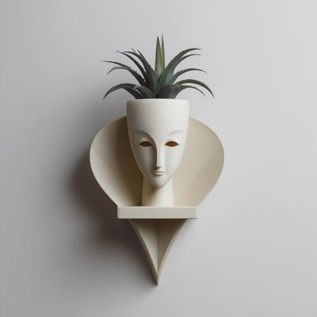 3D printed wall mounted face planter shelf with integrated pot, sculptural minimalist design holding a small plant on a neutral wall.