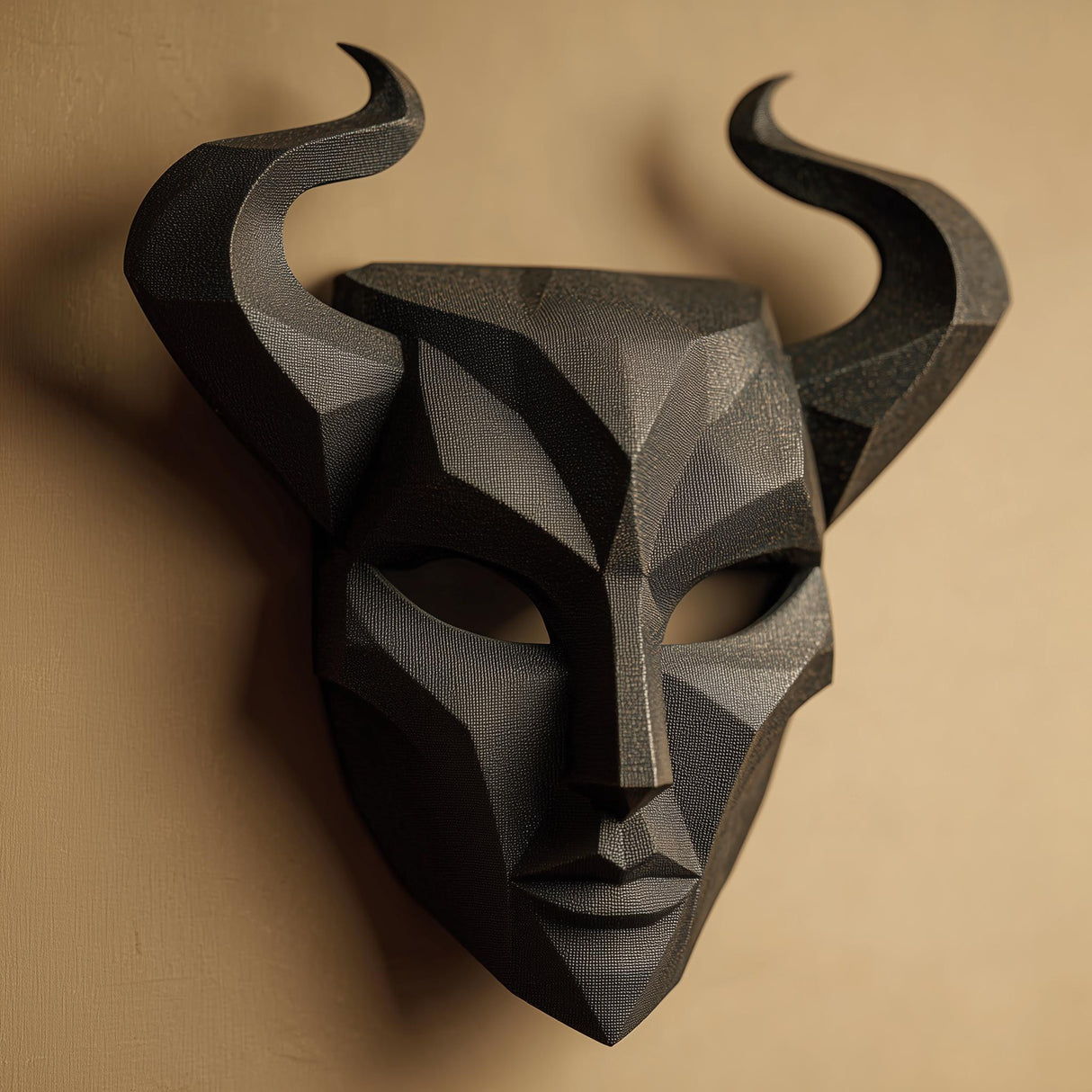 3D printed dark fantasy horned mask wall decor with sharp geometric facial planes and curved horns, mounted on a warm neutral wall.