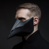 3D printed dark techno raven beak mask worn on an adult model, featuring sharp geometric planes and matte black futuristic design.