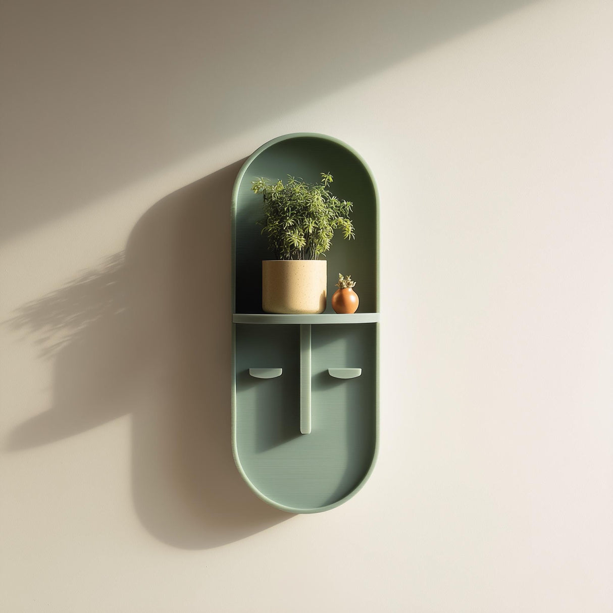 3D printed minimal arched wall shelf with integrated upper platform and lower divider compartments, mounted on a warm neutral interior wall.