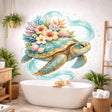 A vibrant watercolor-style vinyl wall decal of a sea turtle on a white background. The turtle's shell is uniquely adorned with a lush bouquet of peach hibiscus flowers, intricate seashells, and colorful coral. Delicate light blue water swirls, bubbles, and small golden stars surround the turtle, creating a whimsical, tropical ocean scene.