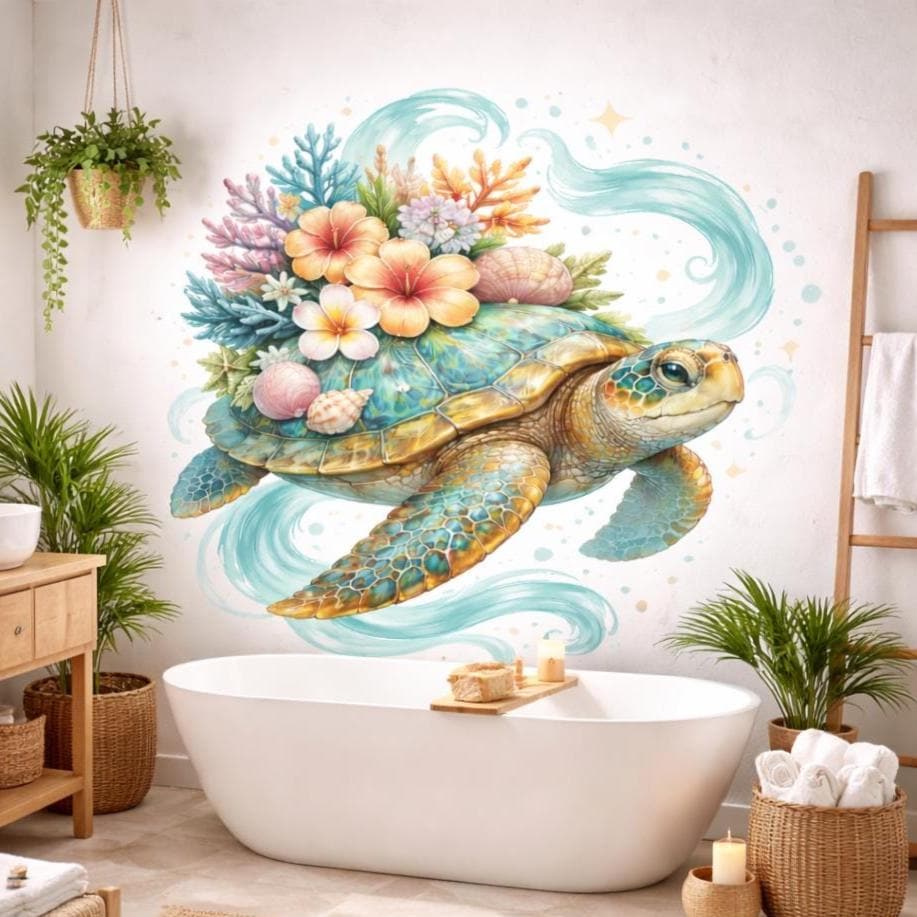 A vibrant watercolor-style vinyl wall decal of a sea turtle on a white background. The turtle's shell is uniquely adorned with a lush bouquet of peach hibiscus flowers, intricate seashells, and colorful coral. Delicate light blue water swirls, bubbles, and small golden stars surround the turtle, creating a whimsical, tropical ocean scene.