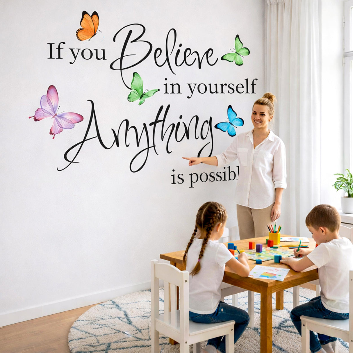 Butterfly Wall Decal | Inspirational Quote Sticker | Believe In Yourself Art | Nursery Quote Mural | Motivational Decor | Colorful Butterfly